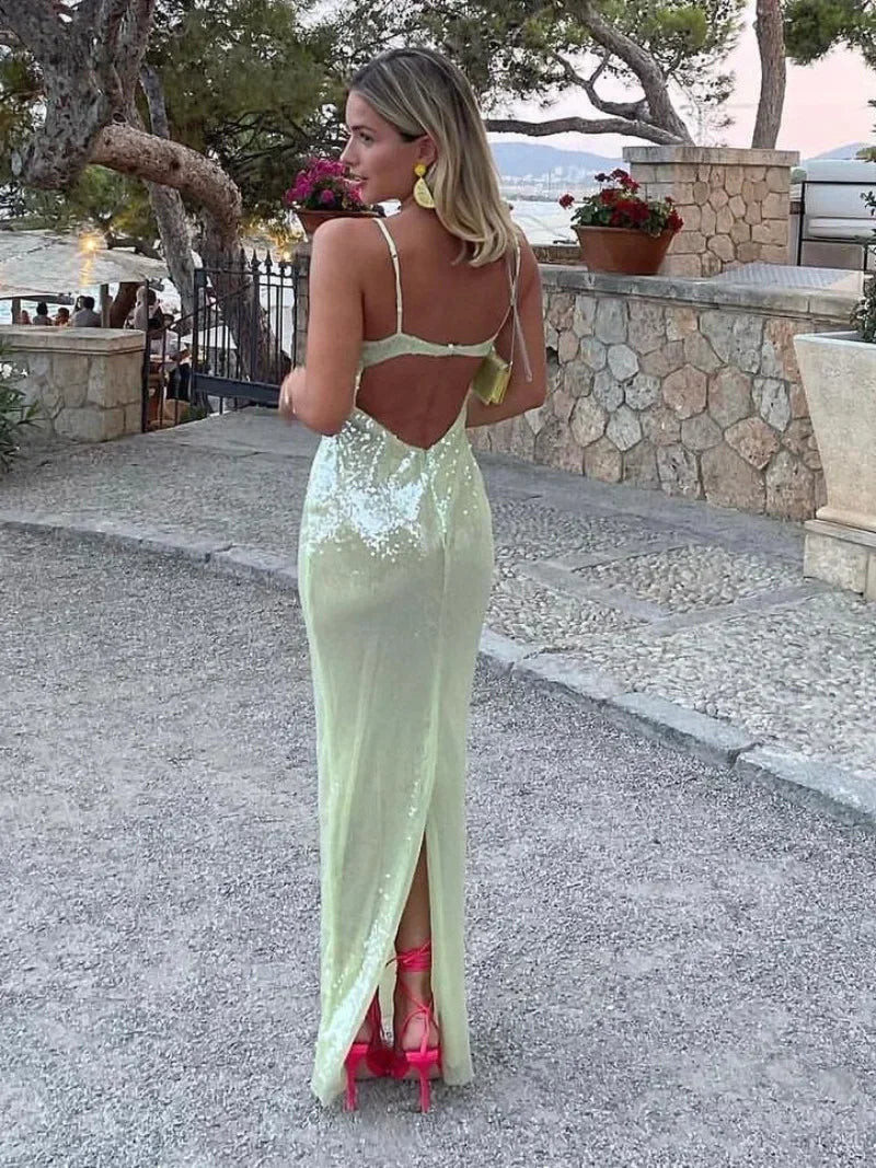 High slit bodycon elegant luxury sequins sleeveless backless high waist holiday evening party dress detail
