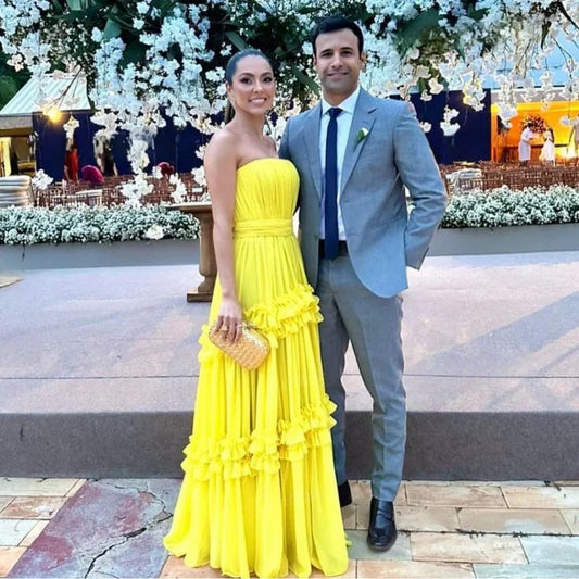 Yellow Chiffon Prom Dresses Strapless Tiered Skirt Pleated Long Evening Gowns Women Formal Party Special Occasion Dress