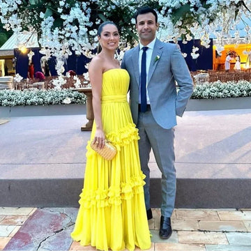 Yellow Chiffon Prom Dresses Strapless Tiered Skirt Pleated Long Evening Gowns Women Formal Party Special Occasion Dress