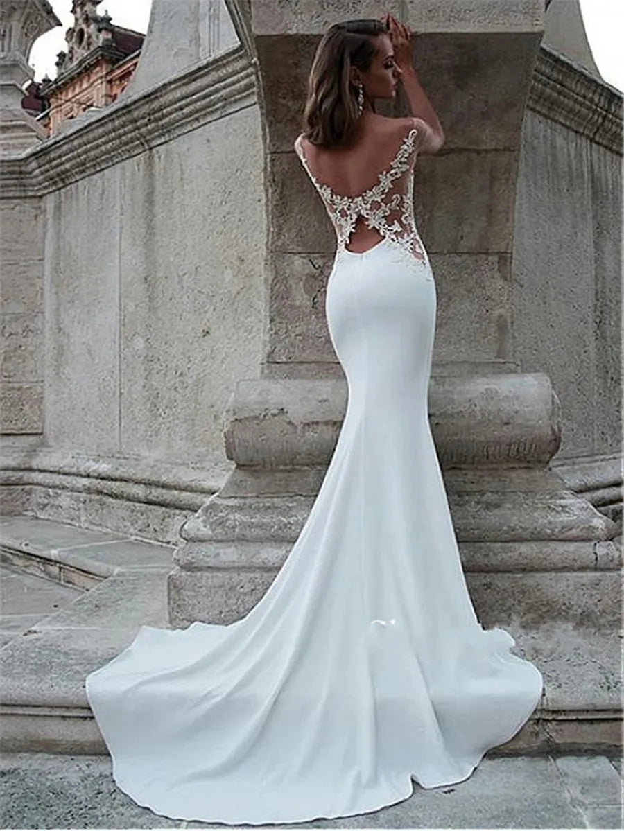 Sexy mermaid wedding dress bateau neck cutout side open back soft satin bridal gown