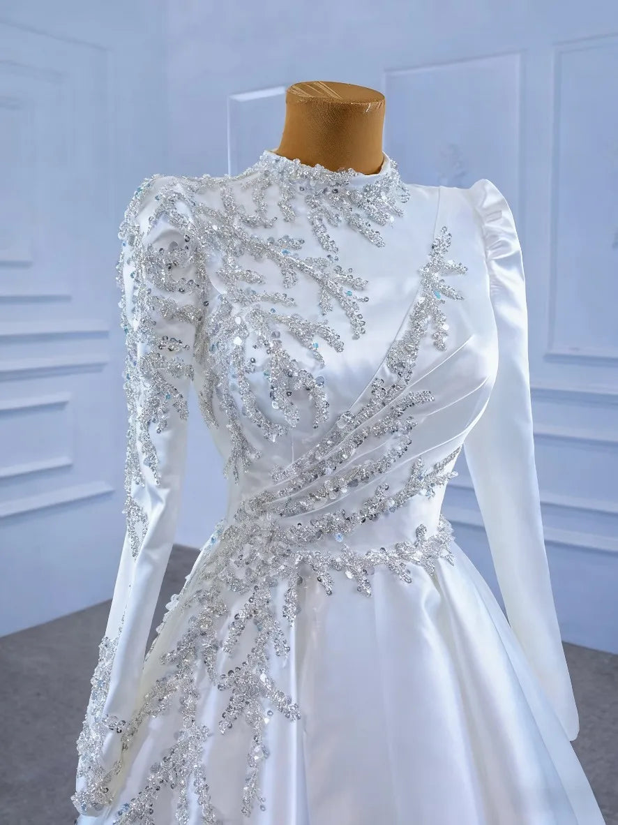 Elegant Arabic Dubai Wedding Dresses High Neck Embroidery Sequins Satin A-line Bridal Bride Grown Vestido De Noiva