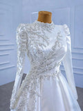 Dubai Arabic A-line high neck elegant satin sequins embroidery wedding dress bridal gown side view