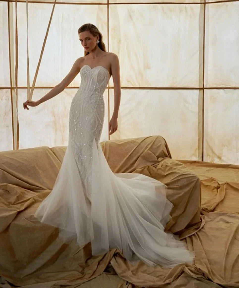 Sparkle strapless sequined mermaid sweetheart tulle flare tail bridal gown front view