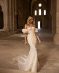 Elegant boat neck mermaid lace appliques off-shoulder puff sleeves wedding dress bridal gown