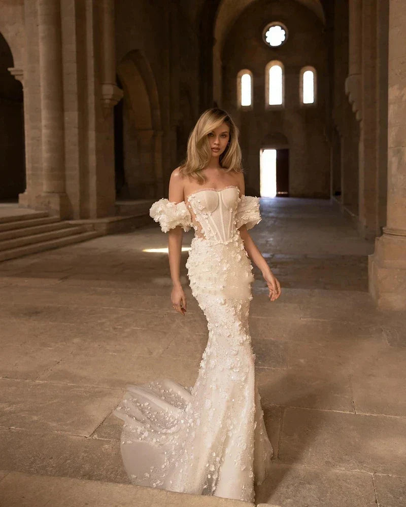 Elegant boat neck mermaid lace appliques off-shoulder puff sleeves wedding dress bridal gown