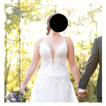 Custom Made White Wedding Dress With Deep V - Neck Spaghetti Straps Floral Lace Embroidery Sheer Back and Tulle Skirt