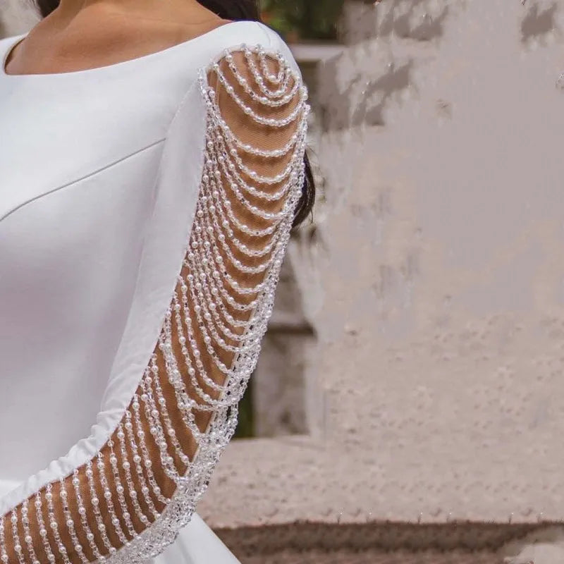 Elegant beading vintage button satin A-line boat neck full sleeve custom made wedding dress detail