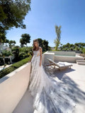Side split 3D flowers luxury A-line corset bone formal sexy bridal wedding gown side view