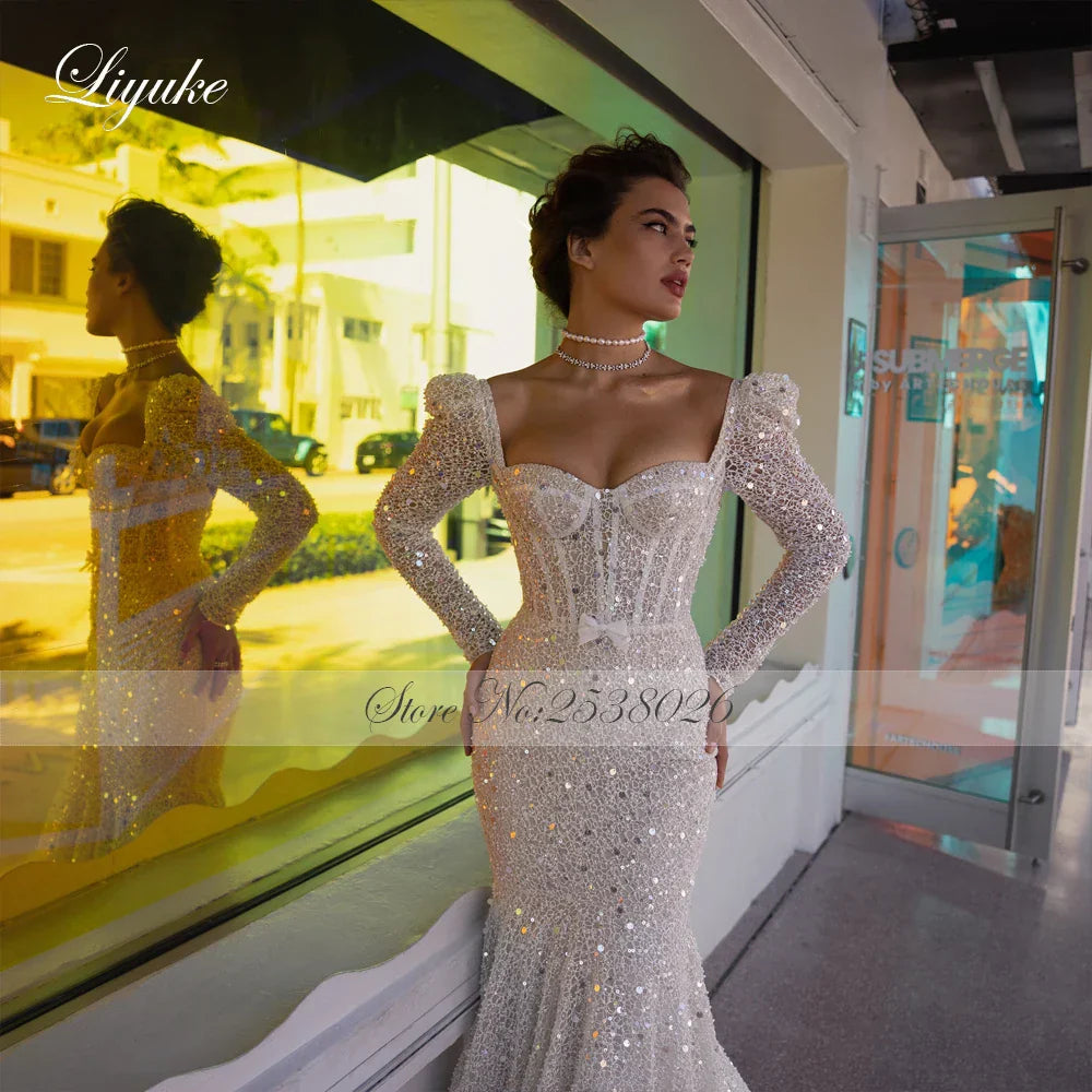Mermaid Wedding Dress Beading Sequined Floral Lace Stunning Asymmetrical Court Train Full Sleeve Bridal Gowns