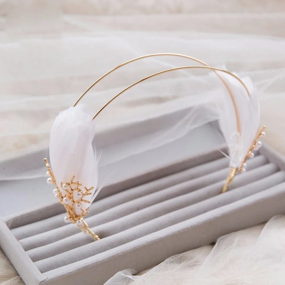 White Feather Tiara Headband Wedding Hair Accessories For Girl Women Crowns Fashion Pearl Tiaras Korona Branches Hair Ornaments