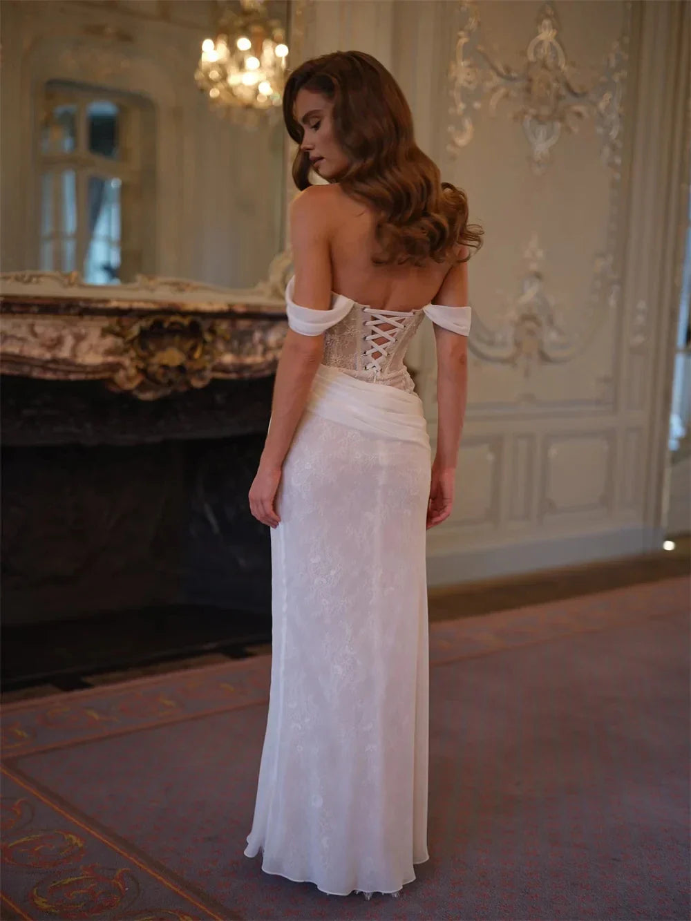 Gorgeous pleated lace mermaid wedding dress off shoulder floor-length formal bridal gown