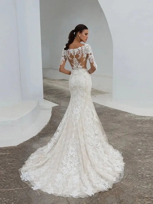 Boho O neck Wedding Dresses for Bride Long Sleeves Appliques Illusion Button Back Floor Length Bridal Gown Vestido De Novia