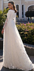 O-neck long sleeve lace button back satin tulle appliques civil exquisite wedding dress bridal gown ivory