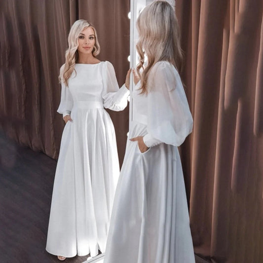 Long Puffy Sleeves Floor Length Satin Wedding Bride Gown Customized Plus Size A Line Modest Boat Neck Bridal Dress with Pockets