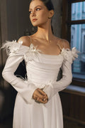 Feather Wedding Dress For Women Side Slit A-Line Floor Length Long Sleeve Spaghestti Strap Cutomize To Measures Charming 2024