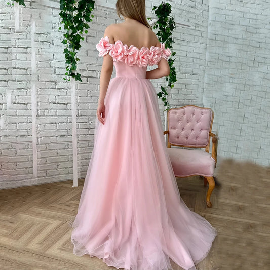 High Split Ruched Hand-Made Flowers Wedding Dress Customized A Line Tulle Off Shoulder Zipper Bridal Gowns