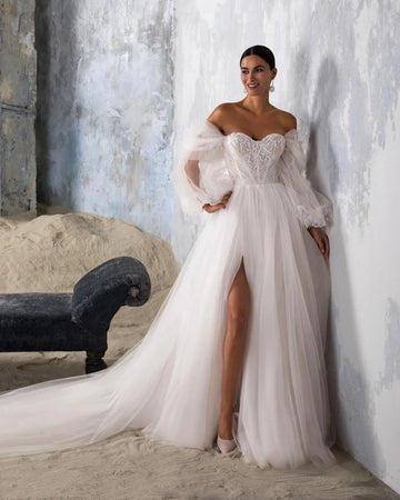 Vintage Side Slit Boho Vestidos De Novia Customized Long Puff Sleeves Sweetheart Lace Wedding Dresses Appliques Vestido De Noiva