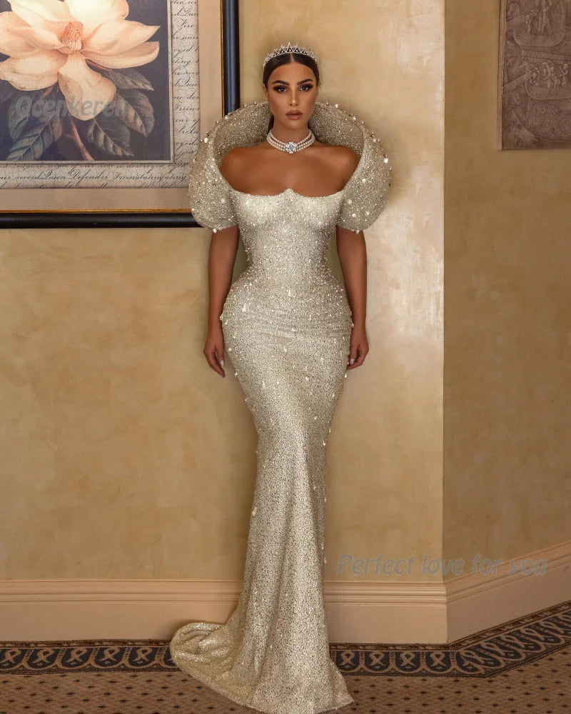 Luxurious Mermaid Wedding Dress Pearls Sequins Custom Made Off The Shoulder Bridal Gowns Vestido De Novia For Women