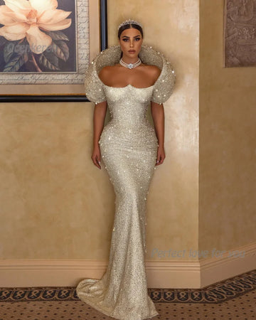 Luxurious Mermaid Wedding Dress Pearls Sequins Custom Made Off The Shoulder Bridal Gowns Vestido De Novia For Women
