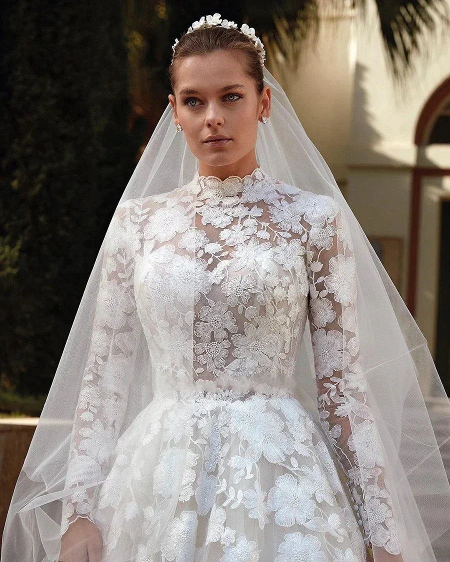 Gorgeous A-Line Wedding Dresses High-Neck Long Sleeves Lace Appliques Bridal Gowns 2024 Tulle Tiered Robes Vestidos De Novia