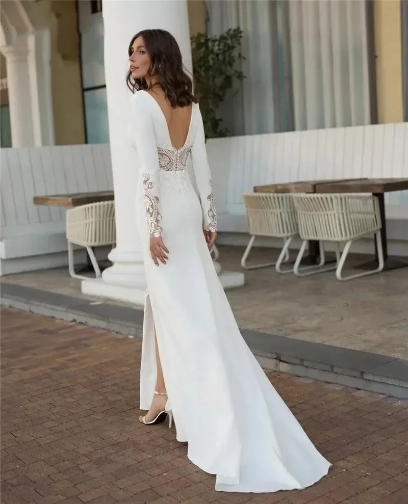 Long sleeve V-neck romantic luxury sexy mermaid slit beach floor length bridal party dress side view
