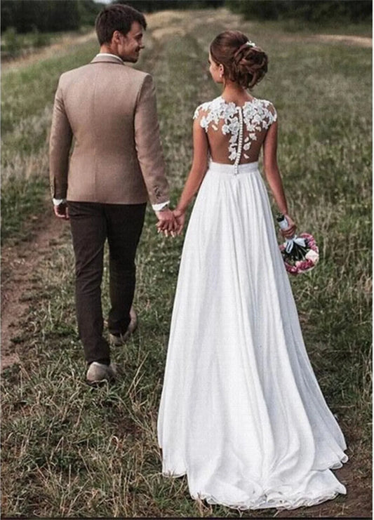 Beach Lace Appliques Bride Dress New Cap-Sleeves Slit Side White Wedding Dress Customized Boho Bridal Gown Vestido De Noiva