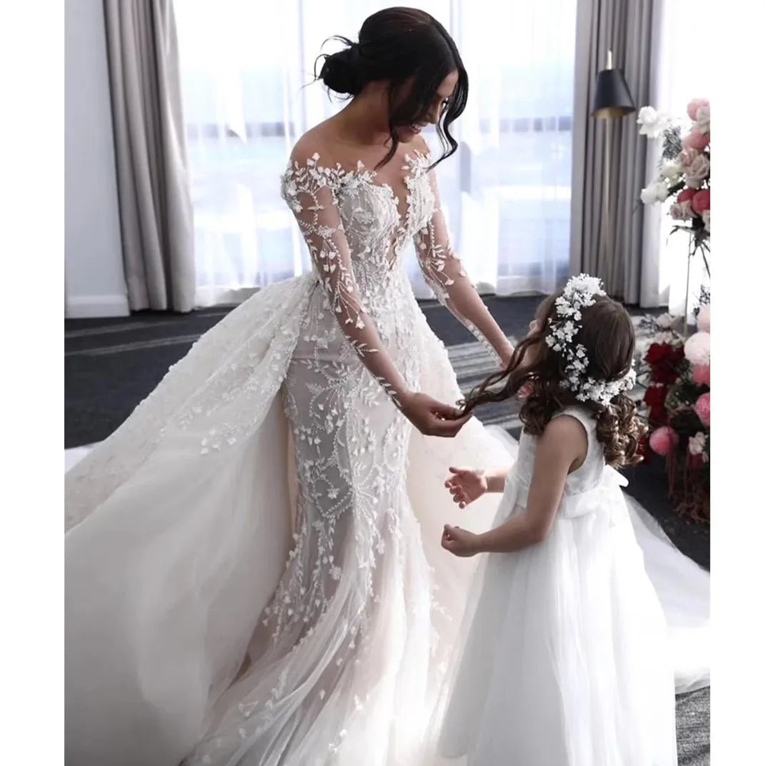 Sexy lace backless mermaid long sleeves boho wedding dress front view