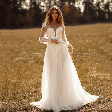 Boho Wedding Dresses Long Sleeve Lace Appliqued V Neck Bridal Gowns Bohemian Brides Dress Vestidos De Novia Customized