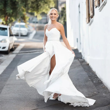 Satin Sweetheart Wedding Dresses Slit A Line Strapless Bridal Dress Modern Elegant Civil Party Gown Bride Wear Customized
