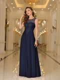 Evening Dress Illusion Net Sleeveless Bodice Lace Appliqued Jewels Zipper Back Full Length A-line Skirt Party Gown