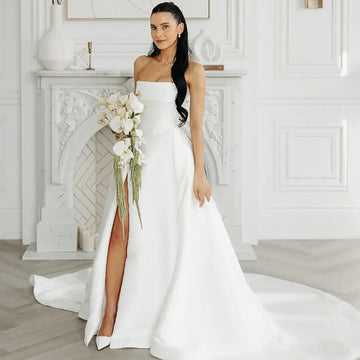 Modern Bridal Wedding Dresses Strapless High Slit Satin Wedding Party Gown Woman Simple Formal Bride Dress Customized