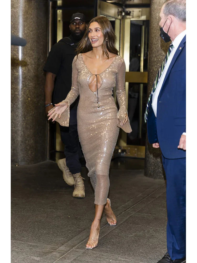 Sexy Luxury Sequins Deep V Long Sleeve Backless Sequins Long Dress Elegant  Bodycon Maxi Evening Party Clubwear Dress