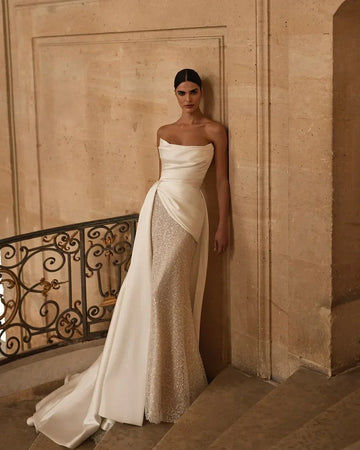 Customized Simple Strapless Mermaid Wedding Dress Shiny Sequin Beading Satin Train Pleat Bridal Gown Vestido De Novia