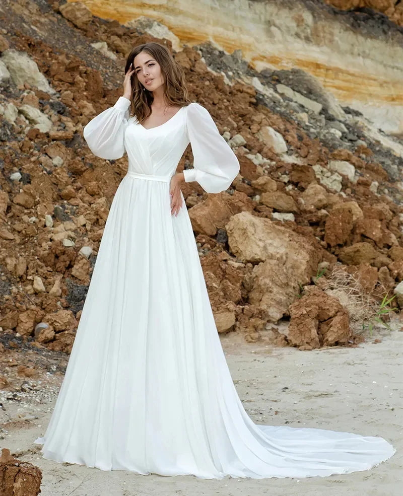 Simple White Chiffon A Line Wedding Dresses Boho Beach Bridal Gowns V-Neck Long Sleeves Plus Size Robe De Mariage Customized