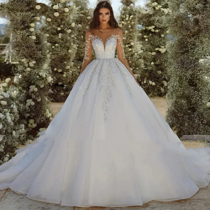 Sexy classic scoop neck long sleeves ball gown wedding dress beading appliques shiny princess bridal gown