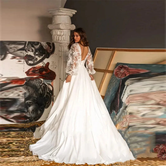 Bohemian A-Line Wedding Dresses V-Neck Long Puffy Sleeves Lace Appliques Backless Bridal Gowns Vestidos De Novias