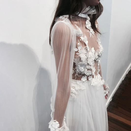 Princess See Through Mini Length Pleated Tulle Wedding Dress 3D Flowers Long Puff Sleeves Customized High Neck Sexy Bridal Gowns