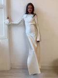 Sexy backless satin high split flare long sleeve women party dress additional color variant