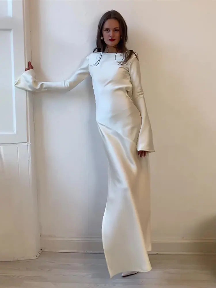 Sexy backless satin high split flare long sleeve women party dress additional color variant