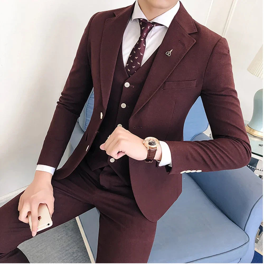 3 piece slim men wedding suit business notch lapel casual blazer vest pants detail