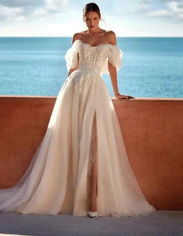 Lace Appliques Sweetheart Wedding Dress Off The Shoulder A Line Bridal Gown Side Split Sweep Train Vestidos De Novia