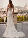 Graceful luxury off-shoulder classic lace pearls feathers bride wedding dress bridal gown detail