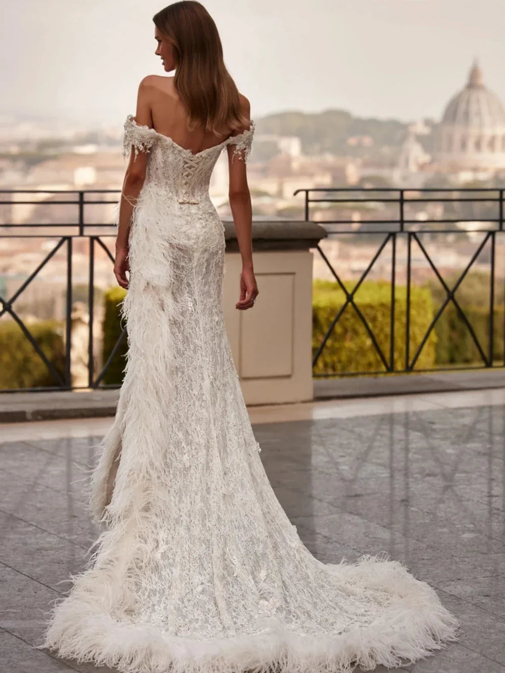 Graceful luxury off-shoulder classic lace pearls feathers bride wedding dress bridal gown detail