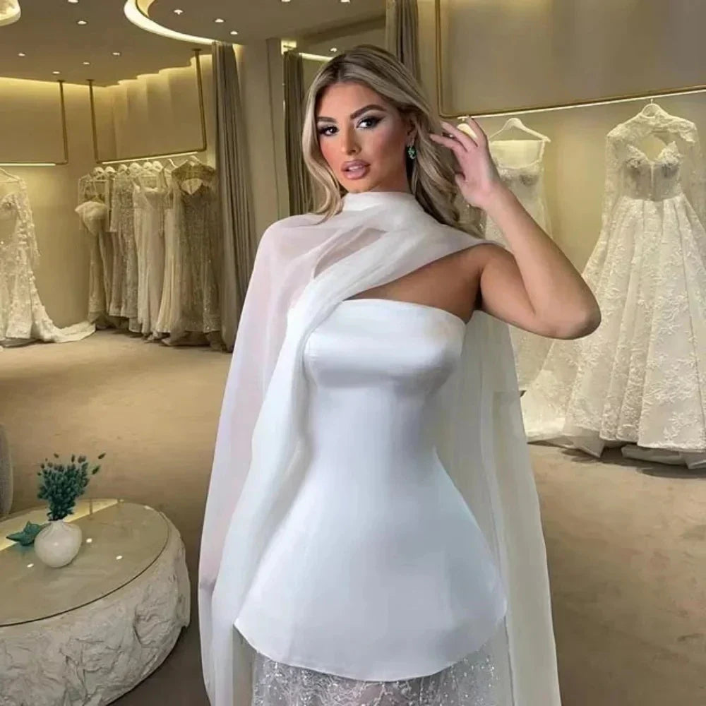 New modern short wedding dress 2026 wrap strapless satin lace-up bridal party gown