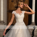 Boho tulle cap sleeve sheath lace appliques button illusion train wedding dress bridal gown side view