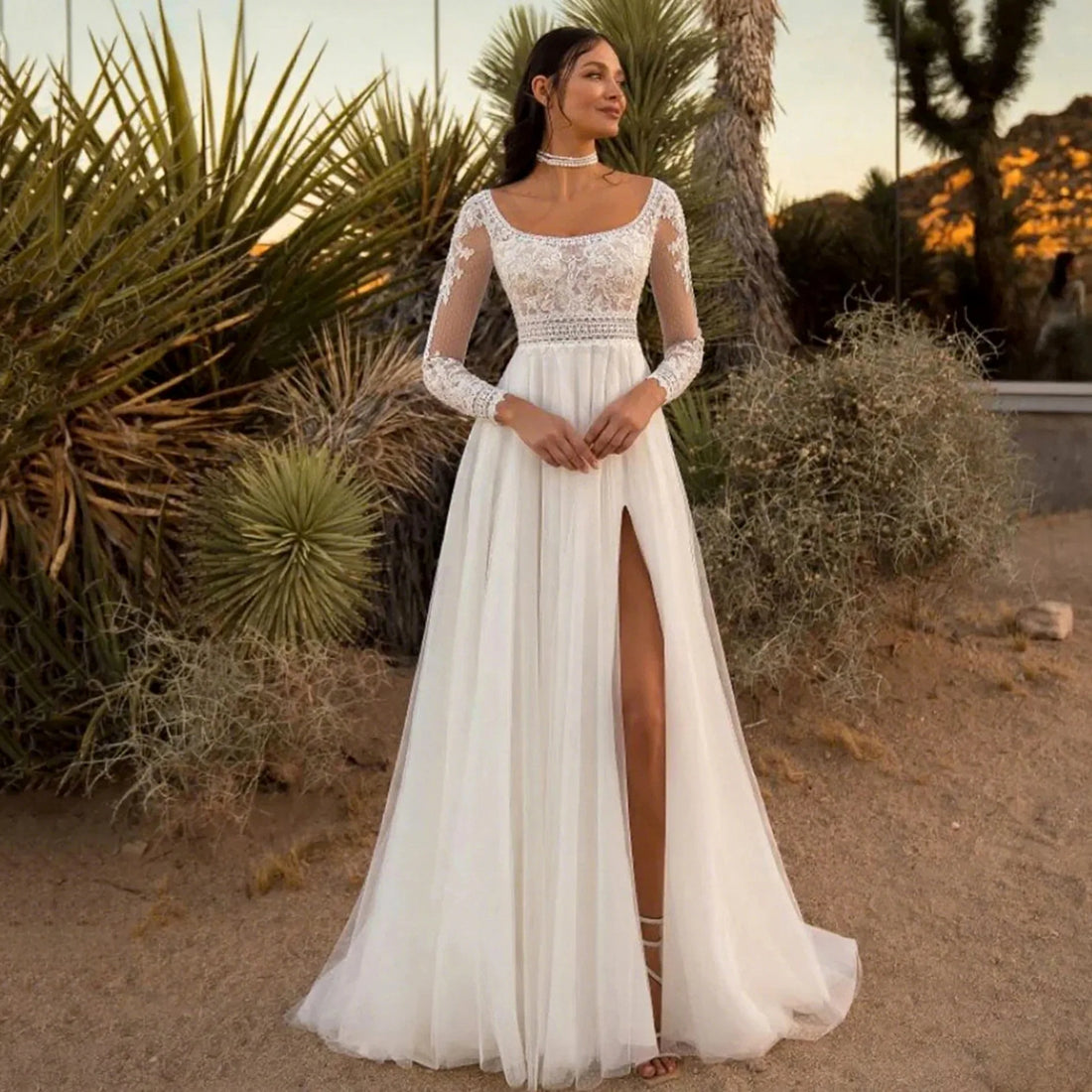 Elegant A-line wedding dress scoop long sleeves lace tulle floor length boho bridal bride gown