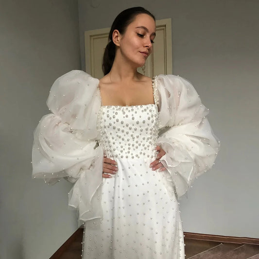 Long Bubble Sleeves Pearls Square Neck Wedding Dress Customized Plus Size A Line Low Cut Organza Backless Elegant Bridal Gowns