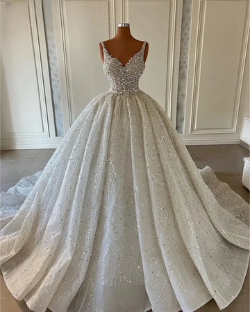 Customized Gorgeous Sequineds Appliques Sparkly Crystals V-Neck Wedding Dress Formal Bridal Gowns Robe De Mariée