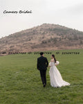 Custom civil off-shoulder ivory organza short sleeves bride bridal wedding gown close-up