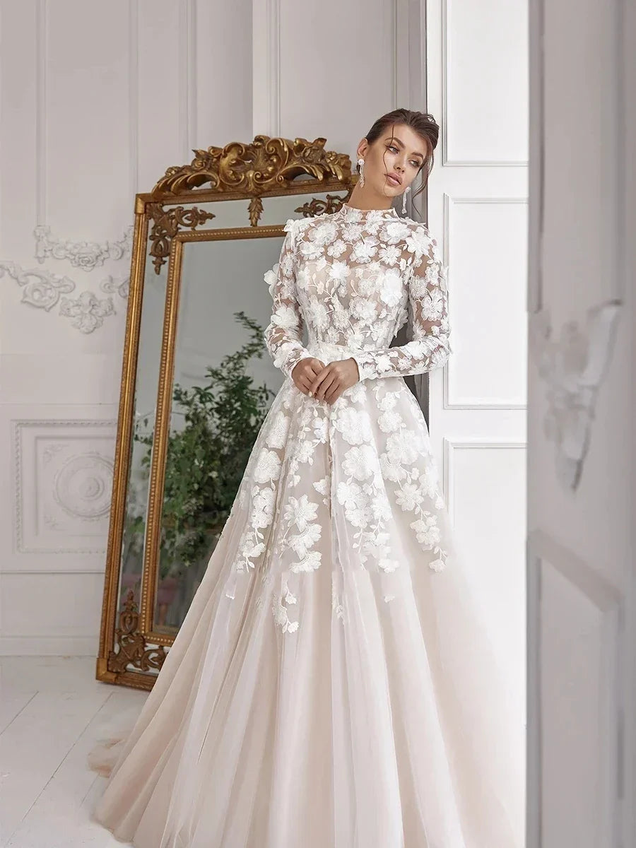 Exquisite Wedding Dresses Elegant Bridal Gowns Lace Appliques High Neck Long Sleeves Robes For Bride A-Line Vestidos De Novia As pics